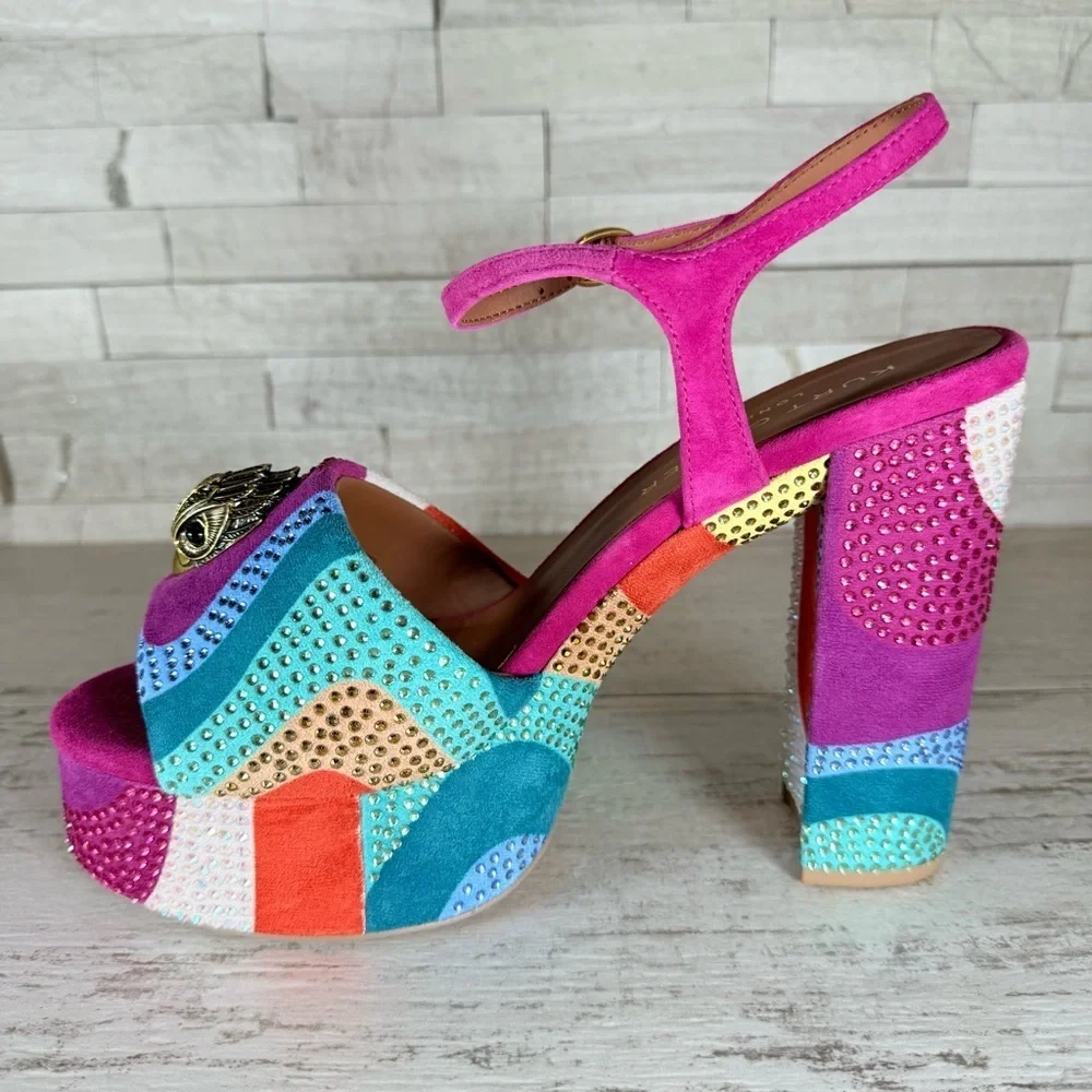 Kurt Geiger London Kensington Glitz Rainbow Rhinestone Platform Sandals SZ 40.5